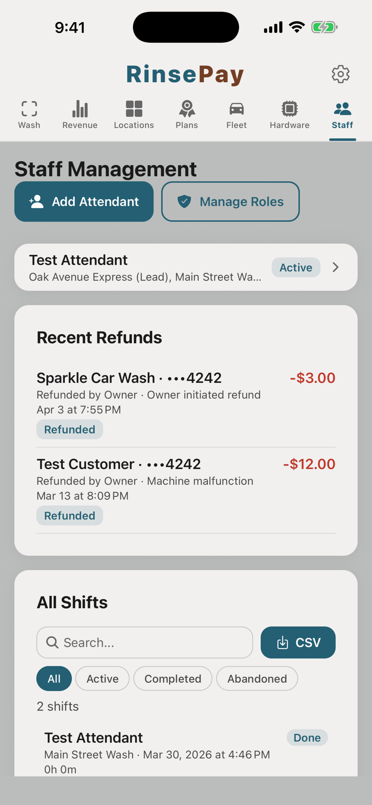 Staff and shifts screen.