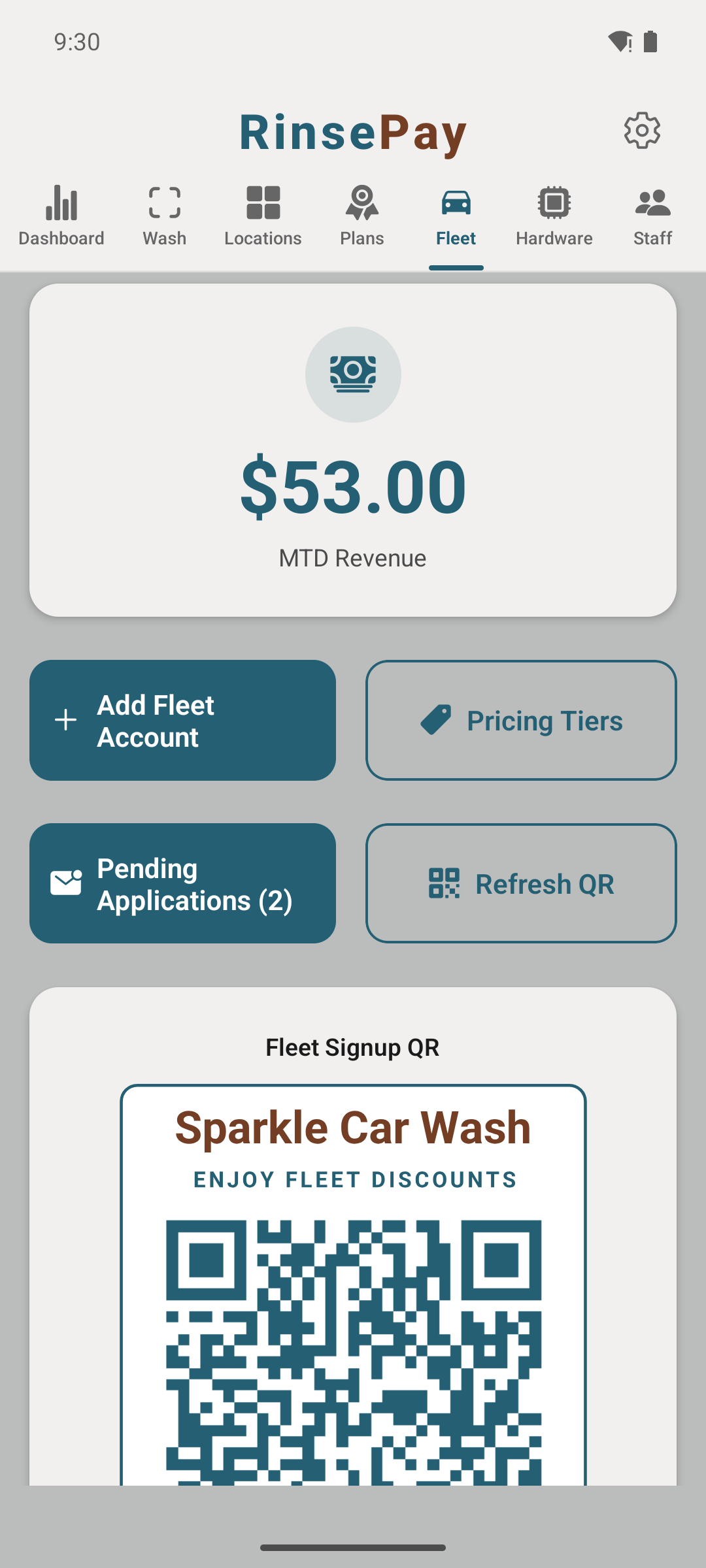 Fleet signup QR code in the owner app.